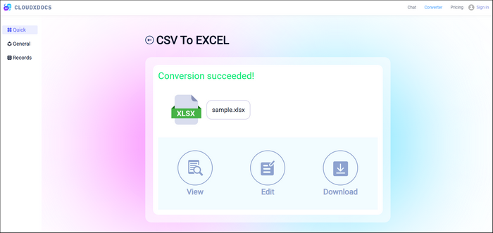 main interface of cloudxdocs csv to excel converter