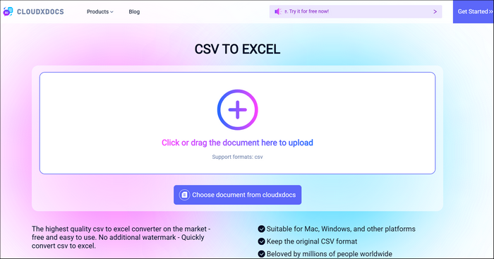 main interface of cloudxdocs csv to excel converter