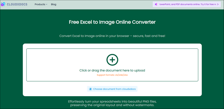 main interface of cloudxdocs excel to image converter