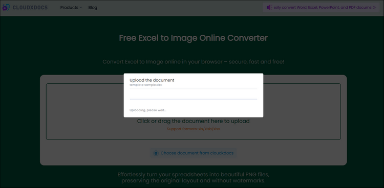 screenshot of uploading the excel file to the online converter