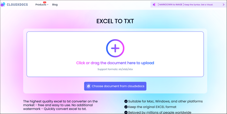 main interface of cloudxdocs online excel to txt converter