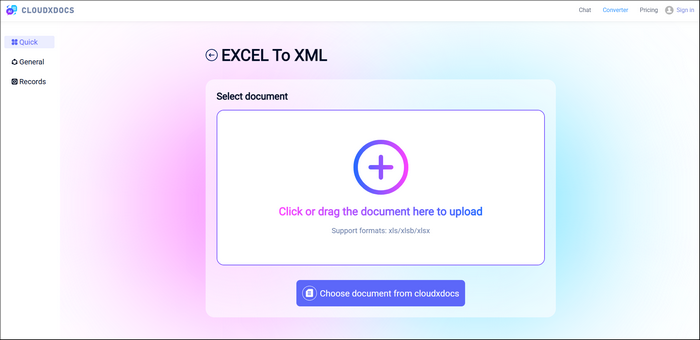 official conversion page of cloudxdocs online excel to xml converter