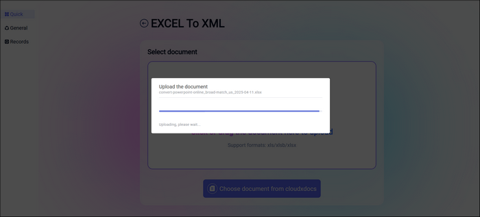 official conversion page of cloudxdocs online excel to xml converter