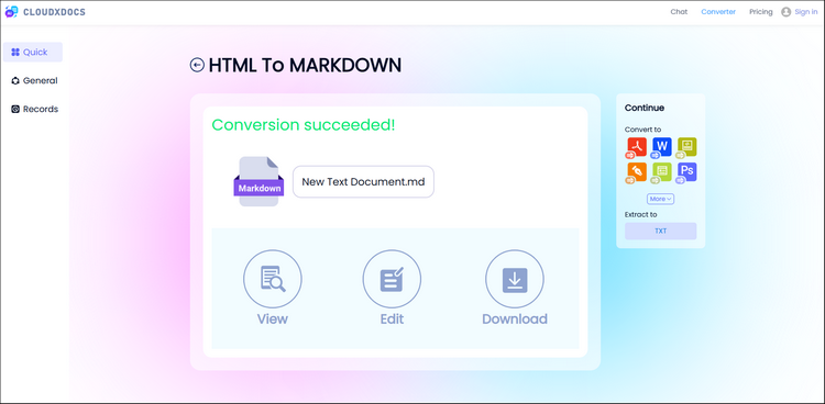 result page after html to markdown conversion for users to download converted markdown file