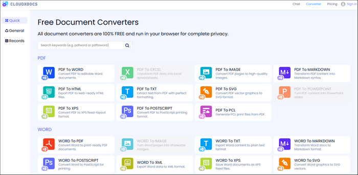 main interface of cloudxdocs online html to word converter