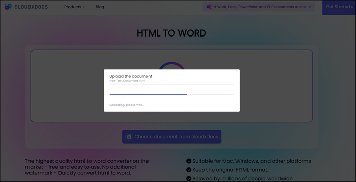 step screenshots of converting html to word with cloudxdocs