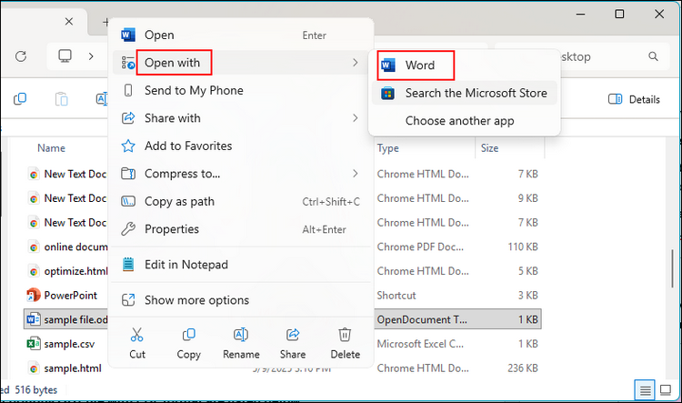 screenshot of converting odt to pdf format with built in print function