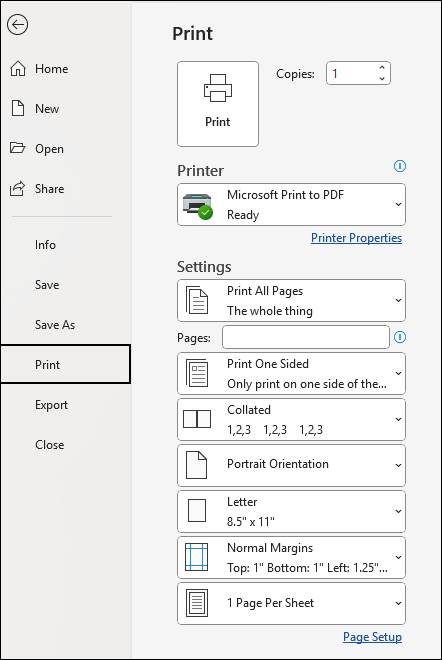 screenshot of converting odt to pdf format with built in print function