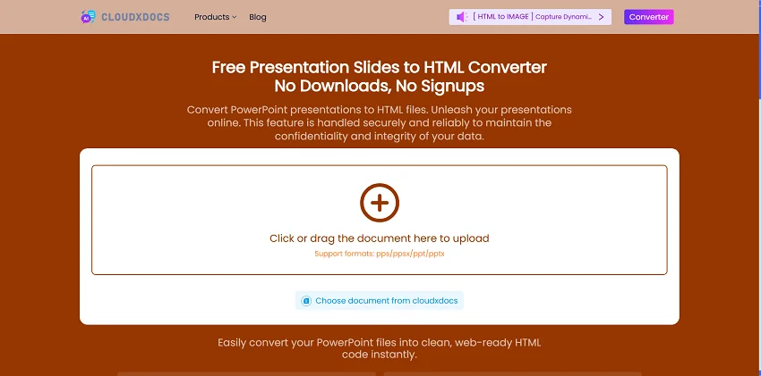 CloudxDocs online PowerPoint to HTML converter interface