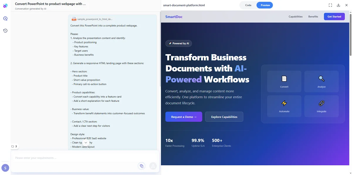 CloudxDocs AI Document Agent converting PowerPoint to HTML with prompt and HTML preview