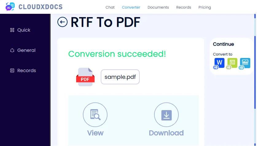 CloudxDocs RTF to PDF conversion success page