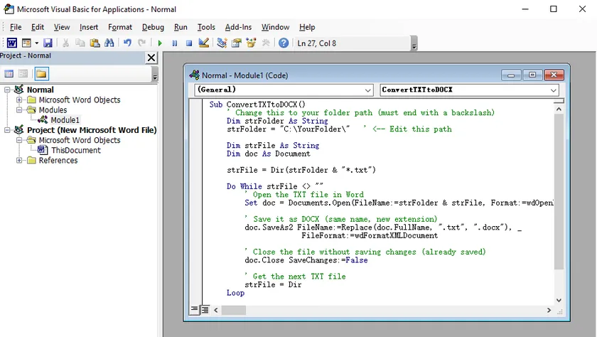 Batch convert txt to word using vba