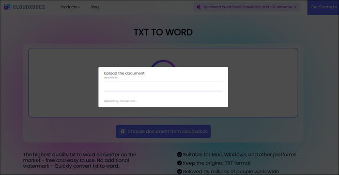 upload page of cloudxdocs txt to word converter