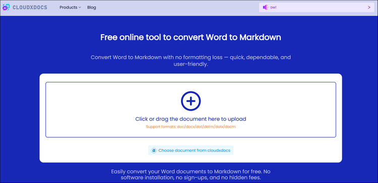 main interface of cloudxdocs word to markdown converter