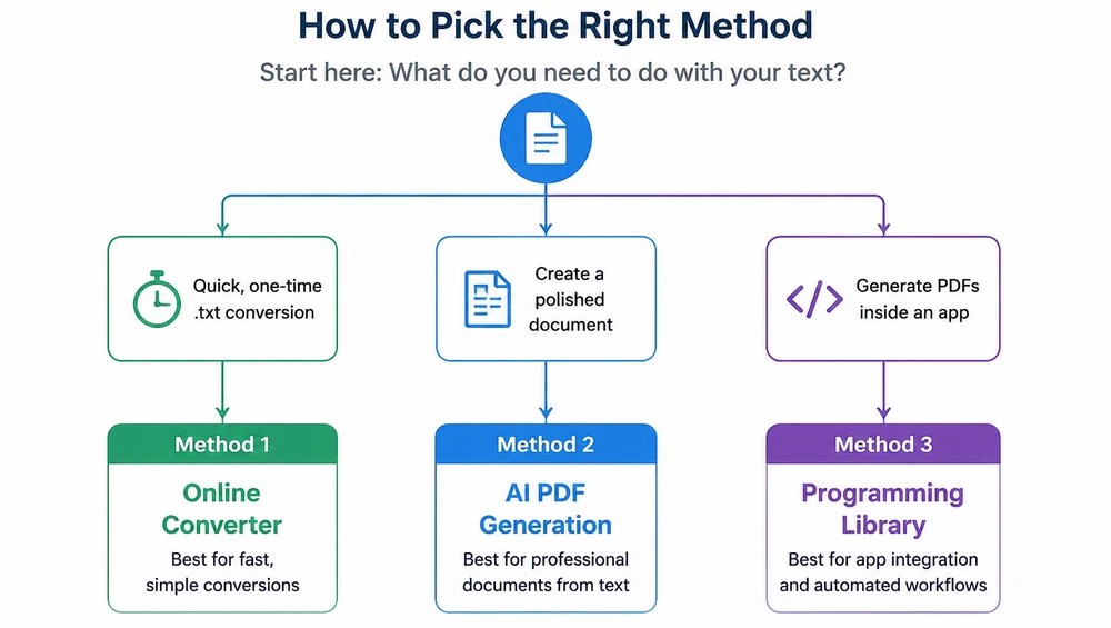 Flowchart on how to pick a method for creating PDF from text