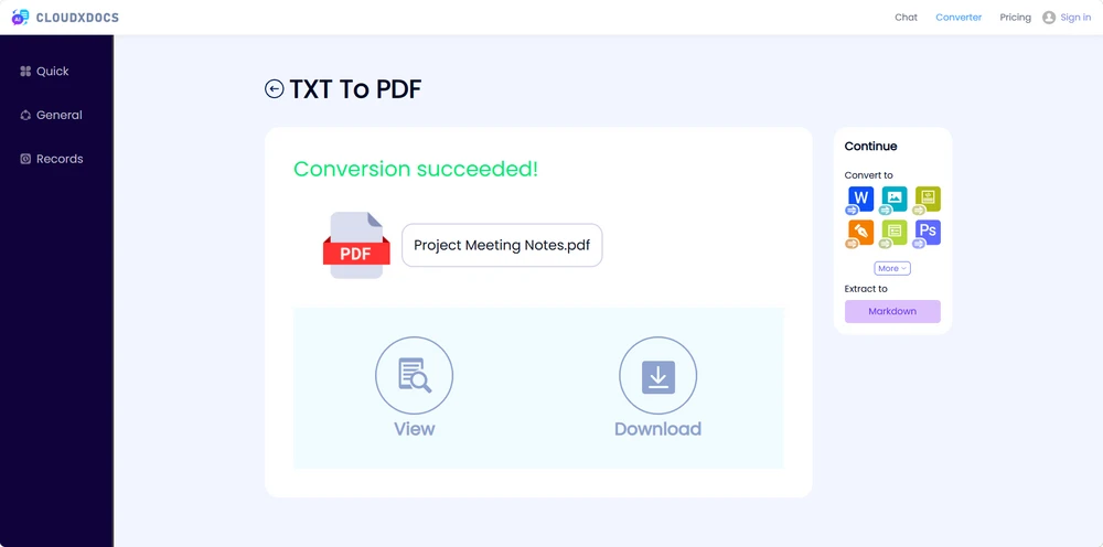 Online text to PDF converter creating a PDF from plain text