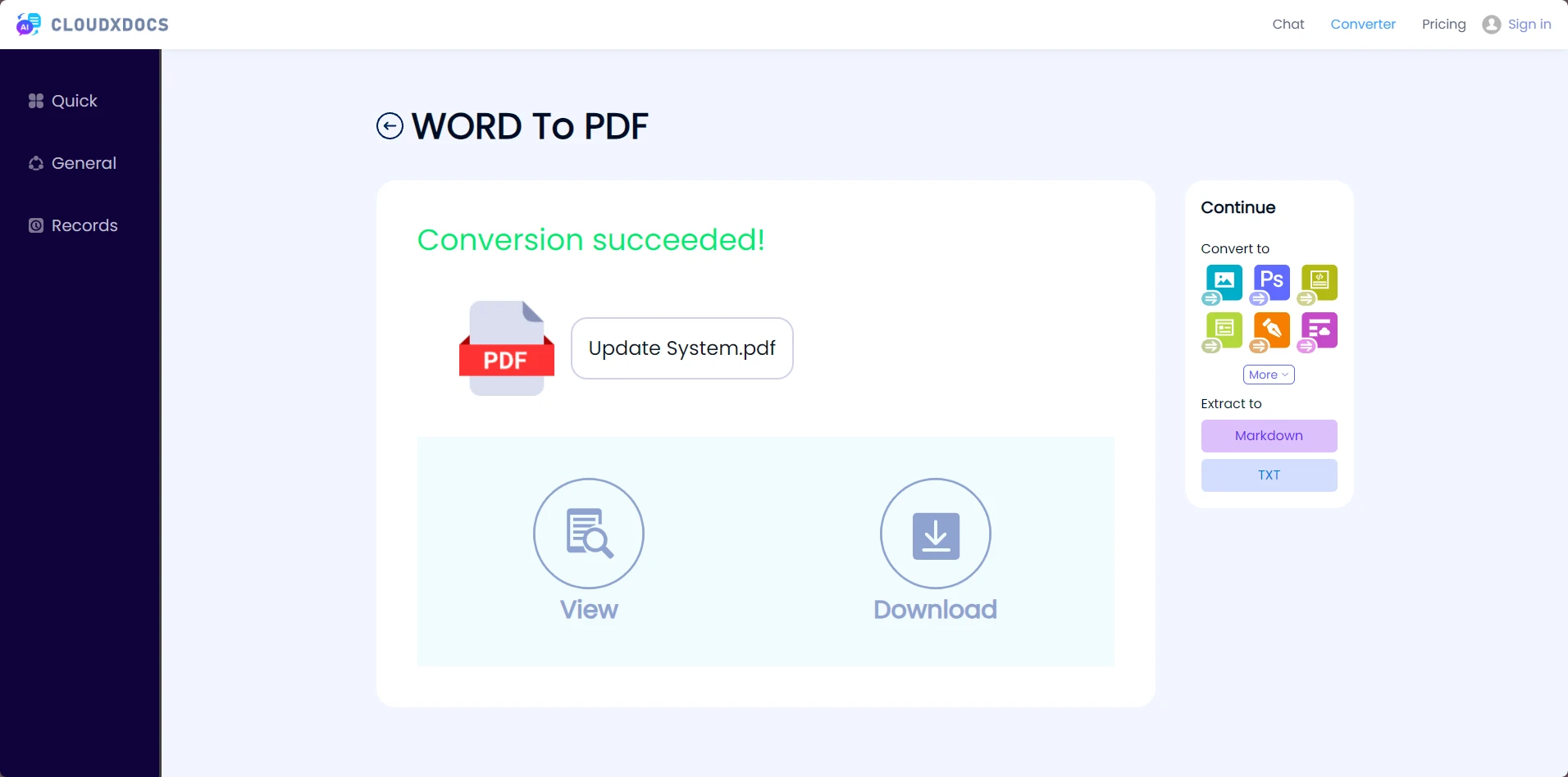 CloudXDocs online converter converting a Word document to PDF