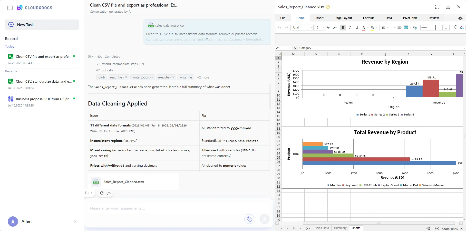 CloudXDocs Document Agent processing CSV files and generating a formatted Excel workbook
