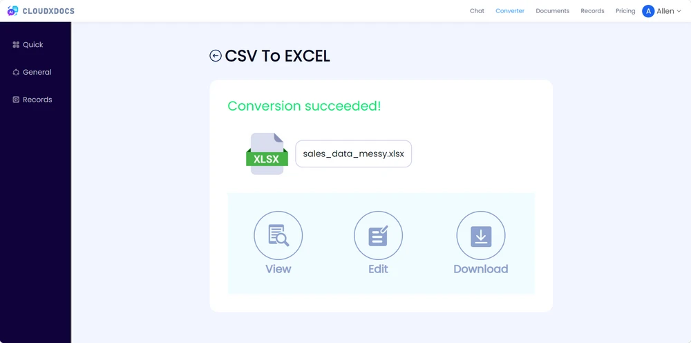 CloudXDocs CSV to Excel Converter interface