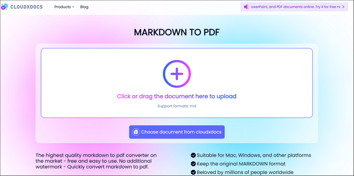 main interface of cloudxdocs online markdown to pdf converter