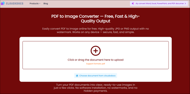main interface of cloudxdocs online pdf to image converter