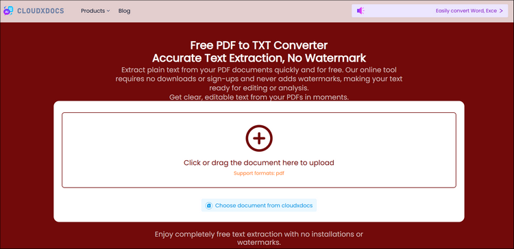 main interface of cloudxdocs pdf to txt converter