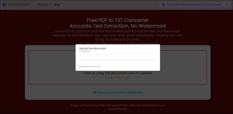 upload pdf file to cloudxdocs onlne pdf to txt converter
