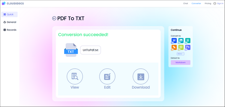 result screenshot of converting pdf to txt with cloudxdocs