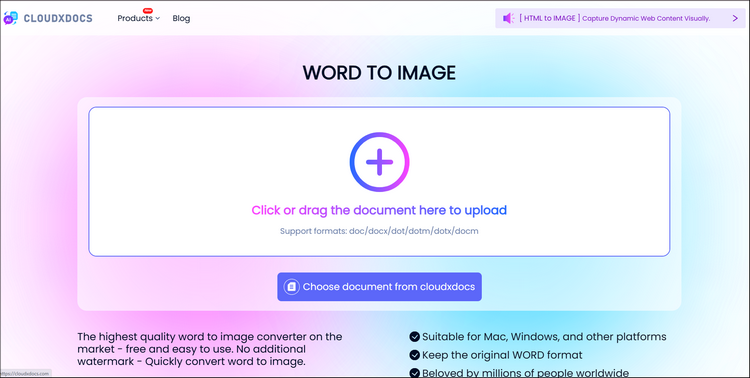 main interface of cloudxdocs online word to image converter