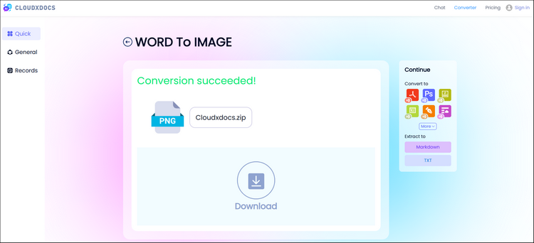 result page of converting word to image with cloudxdocs