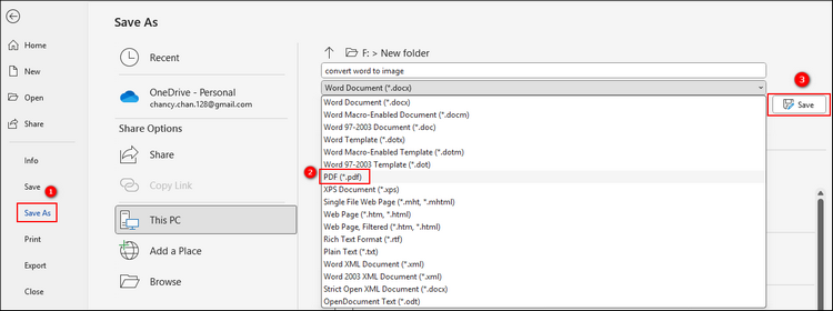 screenshot of converting word to pdf format before converting to image with ms word