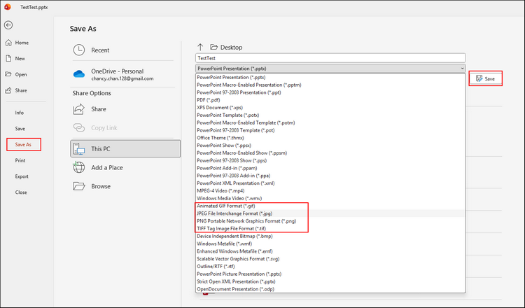 screenshot of the save as interface of microsoft powerpoint