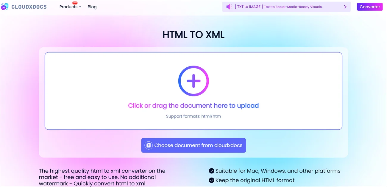 main interface of cloudxdocs online html to xml converter