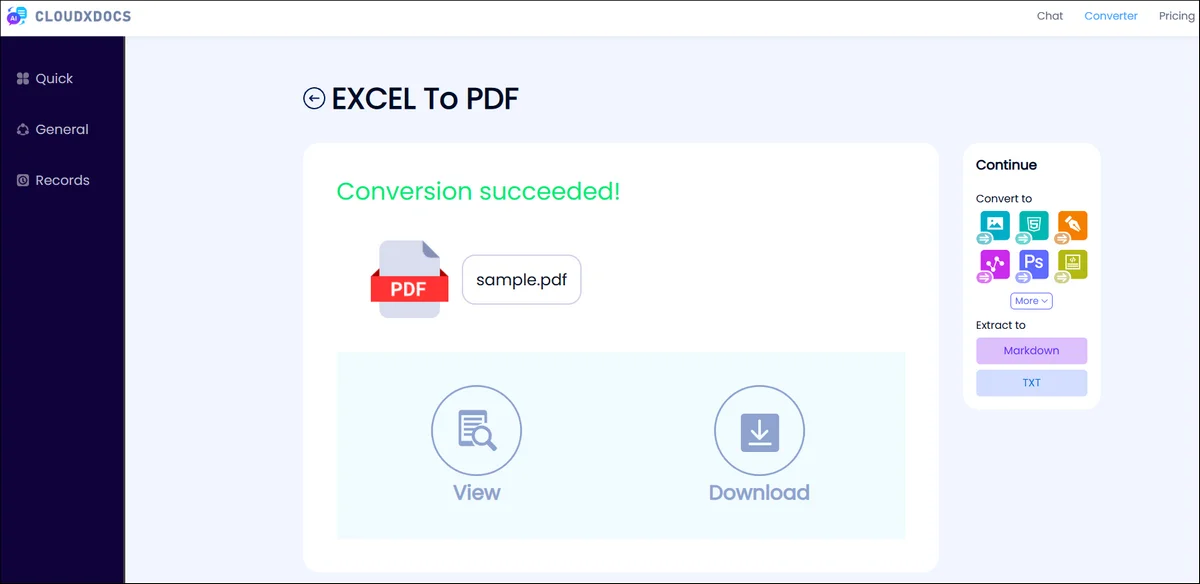 result page of cloudxdocs excel o pdf converter