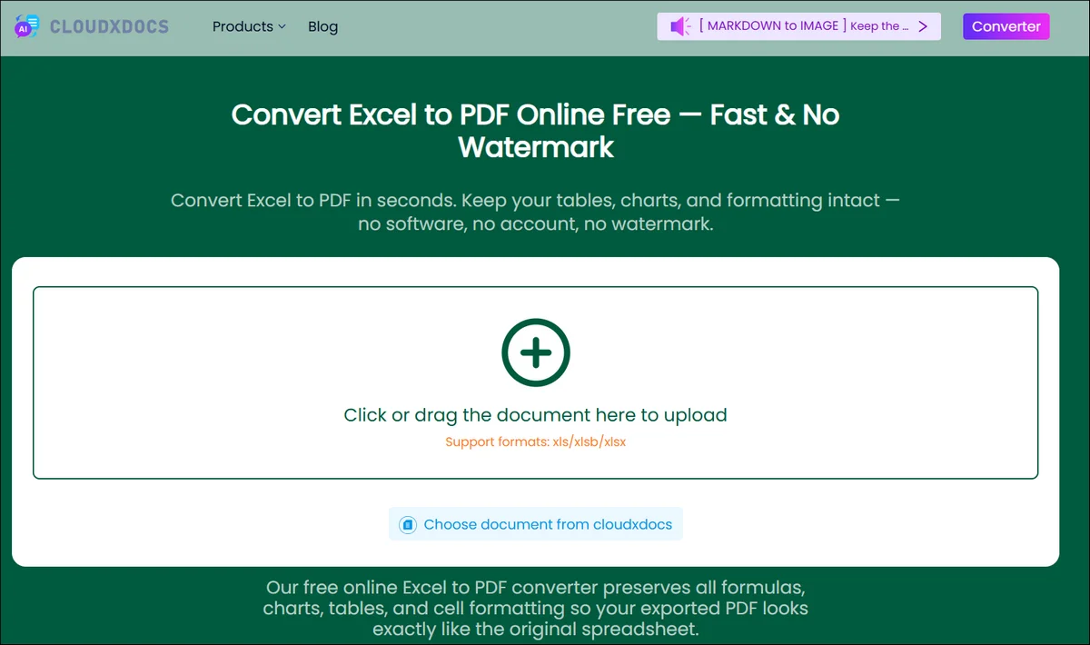 main interface of cloudxdocs excel to pdf converter