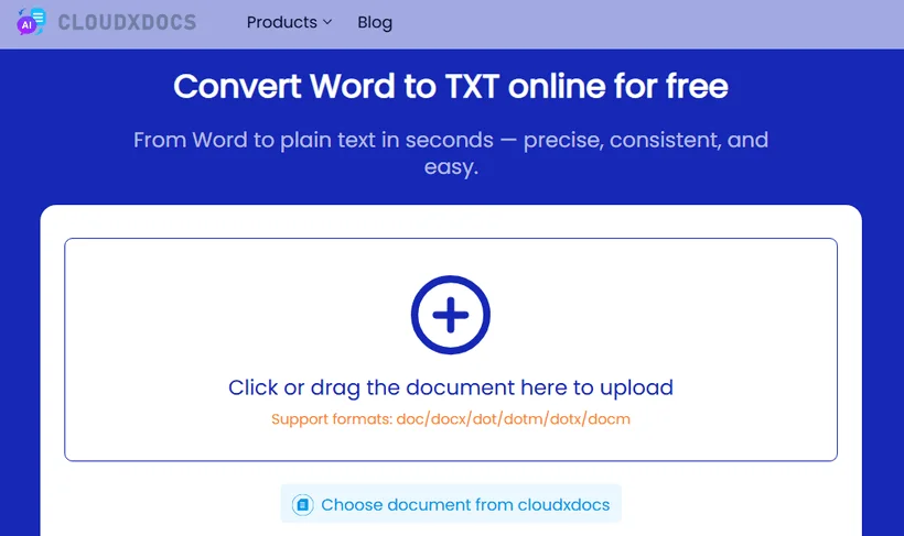 CloudXDocs Word to TXT converter interface.