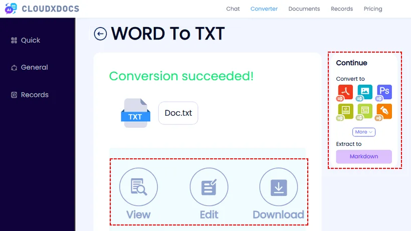 Convert Word to TXT using cloudxdocs free online converter
