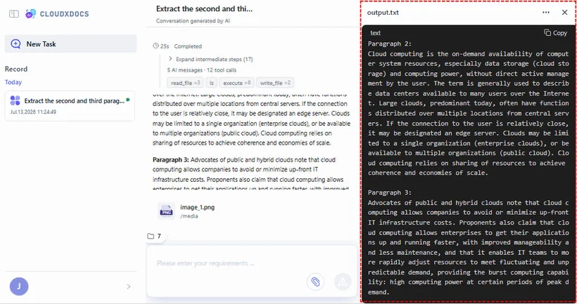 AI Document Agent interface showing converted plain text output and editing options