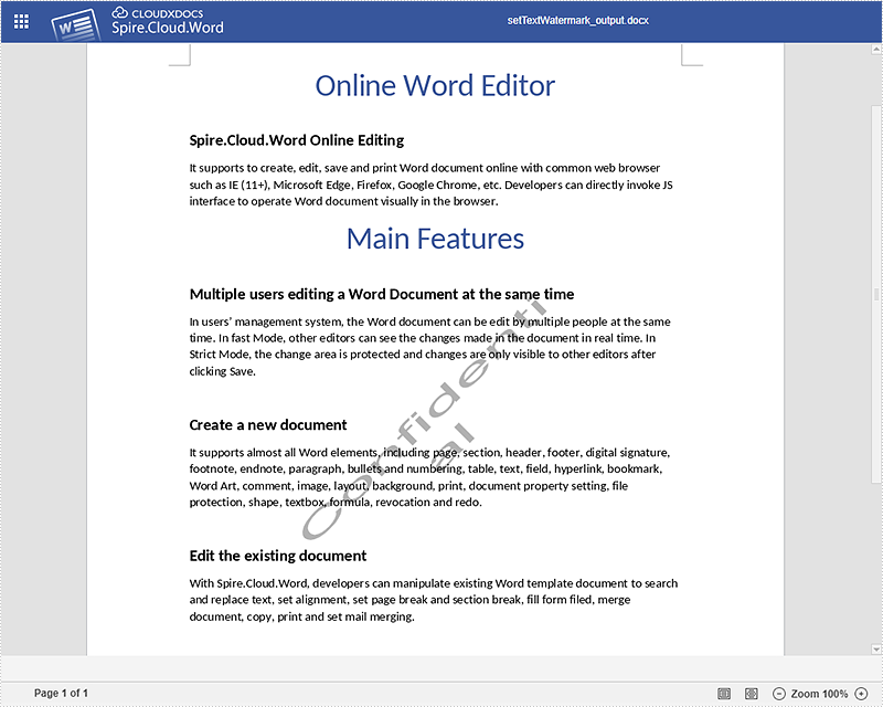 Add Text and Image Watermarks to Word using Spire.Cloud.Word