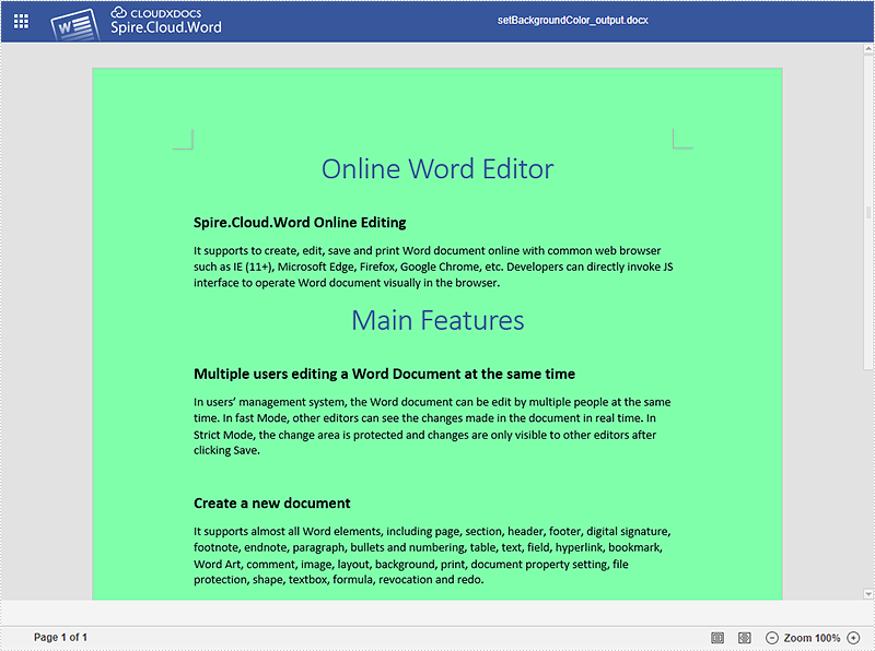 Set Background Color and Image for Word using Spire.Cloud