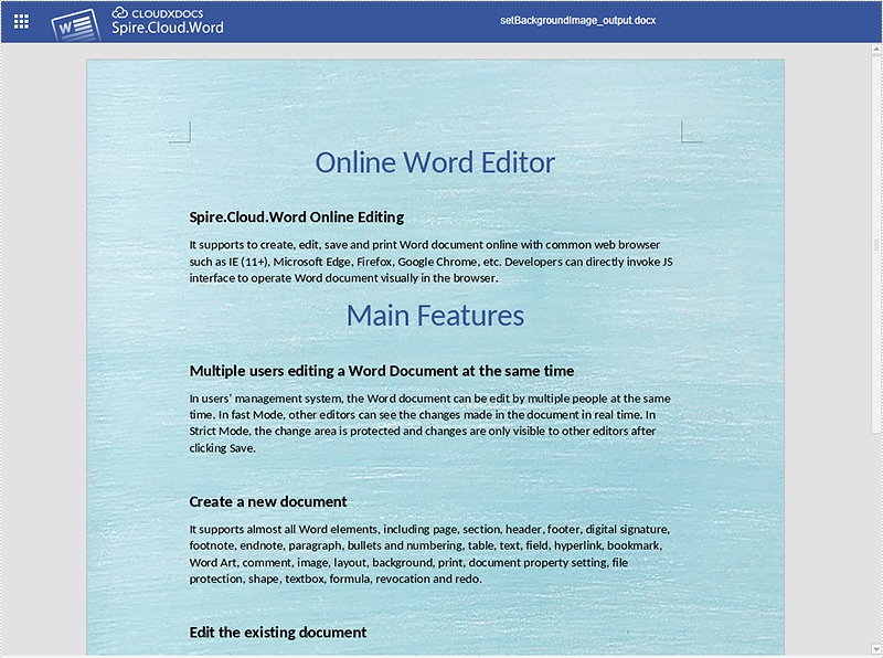 Set Background Color and Image for Word using Spire.Cloud